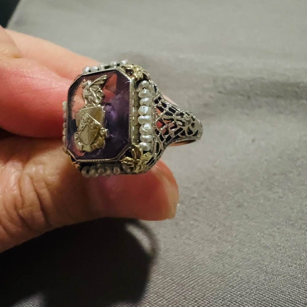 Edwardian 14K Gold Amethyst & Seed Pearl Ring – Antique - Picture 4 of 9